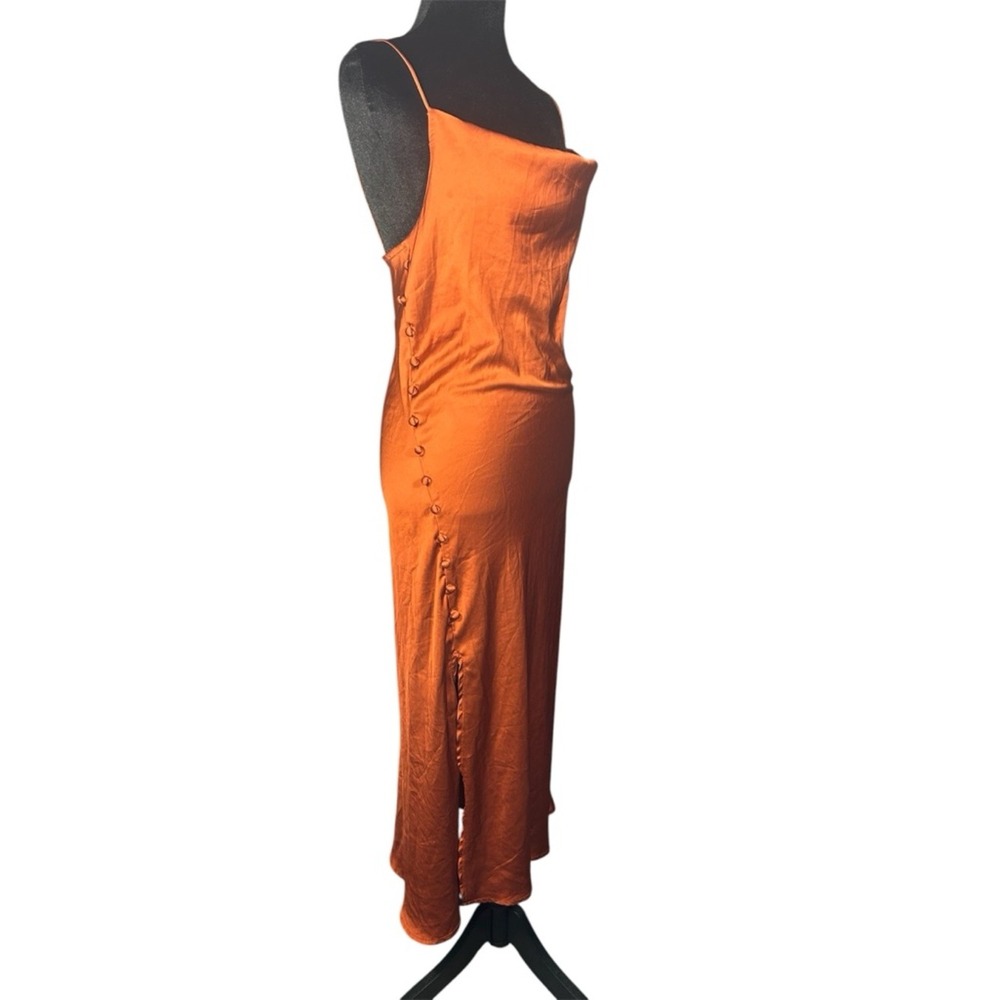 SHEIN Burnt Orange Satin Cowl Neck Maxi Dress Side Slit Button‎ Detail Small